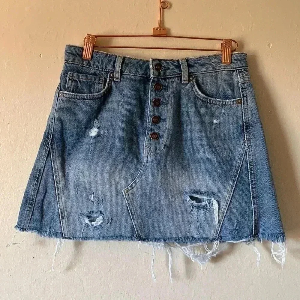 Free People Distressed Raw Hem Denim A-Line Skirt Size 27